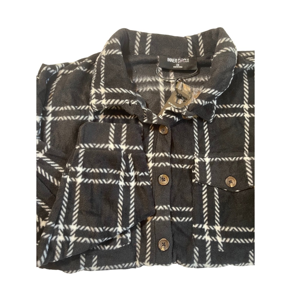 Inner Circle Black Plaid‎ Fleece Fringe Trim Button Down Shacket Women's 3X